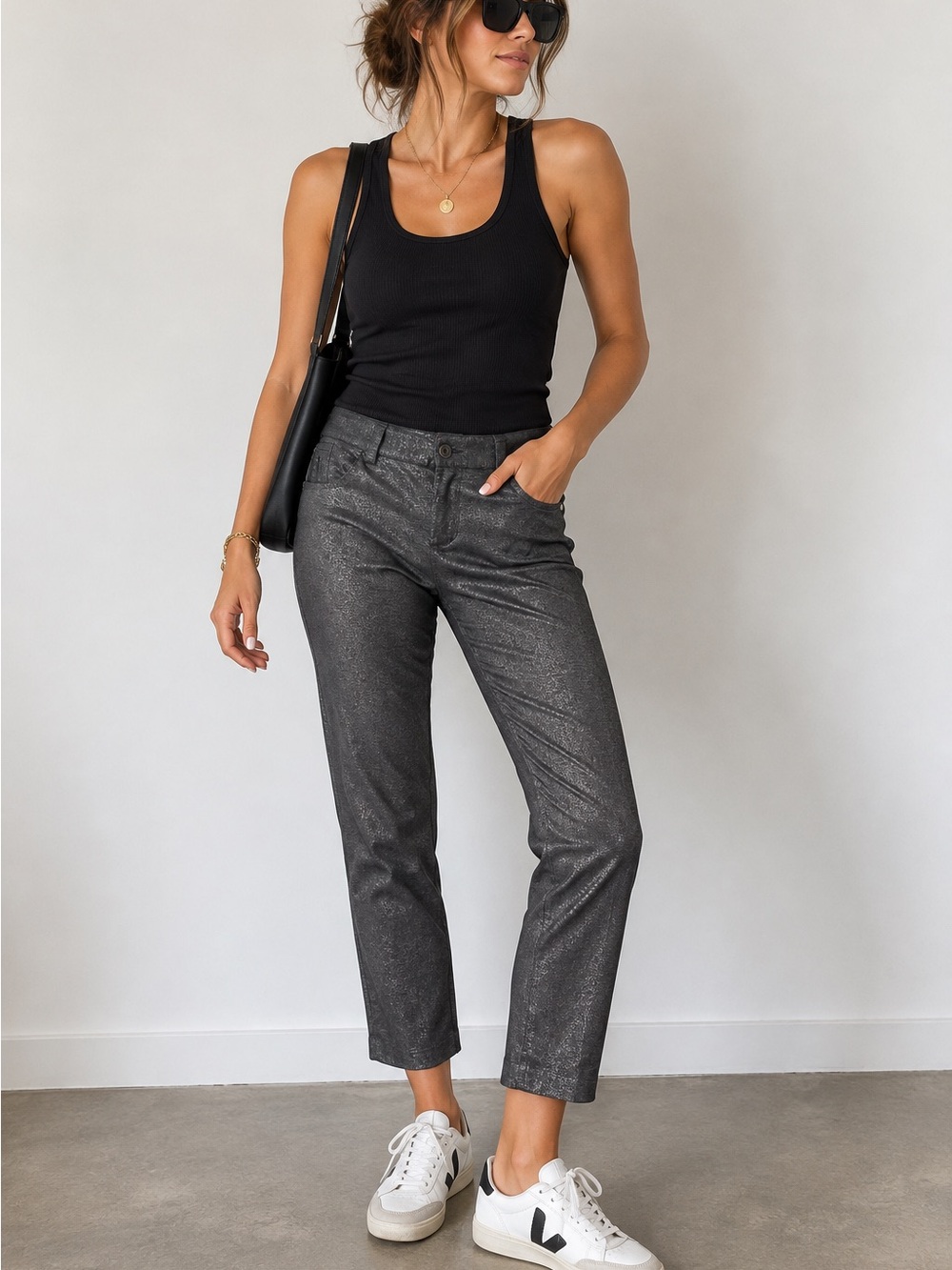 Alice + Olivia Metallic Charcoal Cropped Straight Jeans